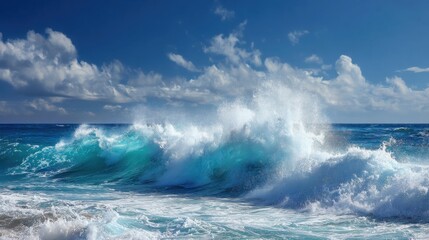 Naklejka premium Waves energetically surge toward the beach, creating white foam as sunlight dances on the water. Fluffy clouds drift in the vibrant blue sky overhead, completing the coastal view.
