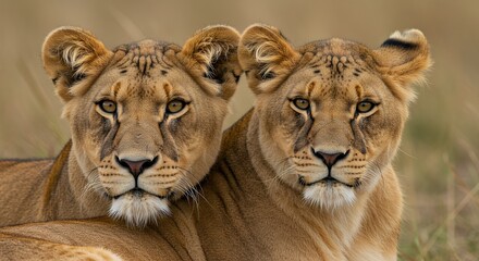 Obraz premium Two lionesses close up
