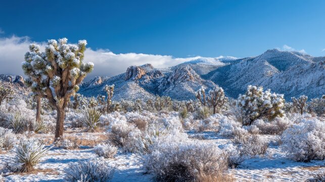 Snow blankets the unique Joshua trees and surrounding vegetation in a tranquil desert landscape. Snow-capped mountains rise in the background under a clear, blue sky.