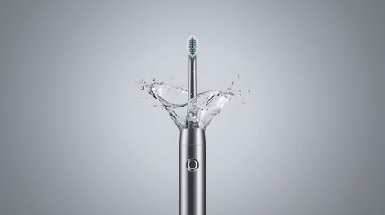 Modern electric toothbrush with silver metallic body and water splash on gray background, sleek dental care technology concept for oral hygiene and healthy lifestyle advertising