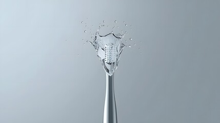 Modern electric toothbrush with silver metallic body and water splash on gray background, sleek dental care technology concept for oral hygiene and healthy lifestyle advertising