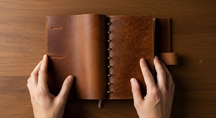 hands carefully turning the pages of a hand-bound leather journal,revealing intricate stitched details,embossed patterns on the cover.Natural light illuminates the textures.