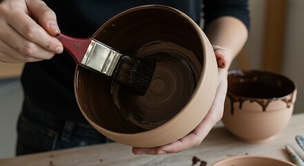  hands carefully applying dark, rich glaze to a ceramic bowl with a wide brush. The wet, reflective surface of the glaze contrasts with the matte bisque ware.