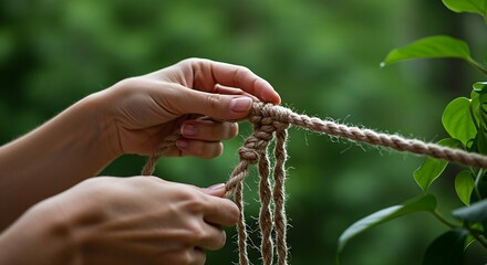hands carefully knotting thick jute rope to create a macrame plant hanger. The focus is on the textured rope and the rhythmic motion, with a blurred background of greenery.