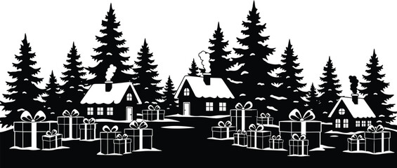Cozy winter village scene with snow-covered houses and abundant Christmas gifts.