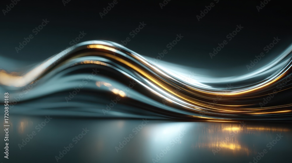 Poster abstract chrome liquid flowing in smooth fluid waves and curves