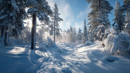 A tranquil winter forest showcases trees blanketed in snow with sunlight filtering through branches, illuminating the peaceful pathway ahead.