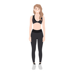 Young woman wearing black sports bra, leggings, and sneakers, standing and smiling. Flat vector illustration isolated on white background