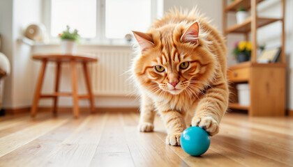 Fluffy orange cat playing with blue toy ball in cozy living room, joy