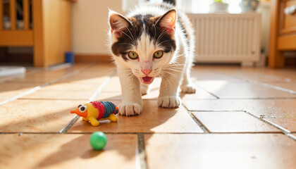 Curious kitten playing with colorful toy on sunlit kitchen floor, joy