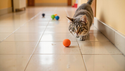 Curious gray tabby cat nudging rubber ball in hallway, playful spirit
