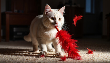 White Siamese cat playing with red feather wand in dimly lit room, playfulness
