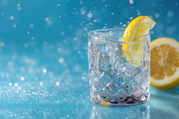 Refreshing cut crystal glass filled with mineral water and lemon twist on a vibrant blue background