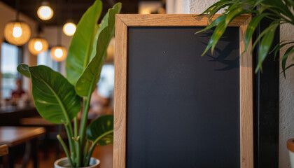 Chalk menu board in urban coffee shop with tropical decor, cozy ambiance