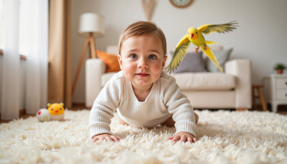 Curious infant crawling toward parrot in cozy living room, playful joy