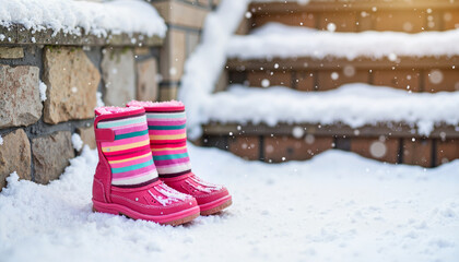 Colorful child's boots on snowy steps, winter wonderland scene