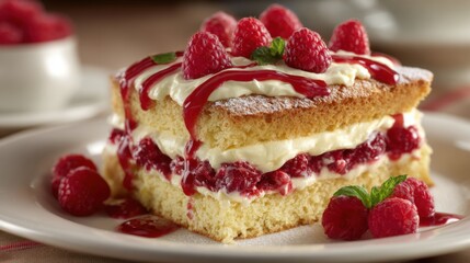 Layers of moist cake alternate with cream and fresh raspberries, topped with raspberry sauce, creating a delightful dessert presented on a white plate.
