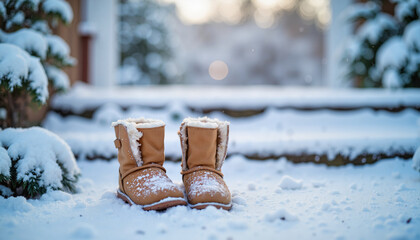 Tiny boots covered in snow at snowy entrance steps, winter nostalgia