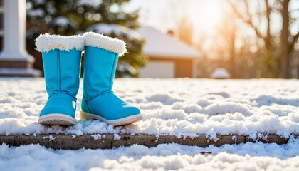 Vivid blue children's boots on snowy steps at sunrise, winter joy