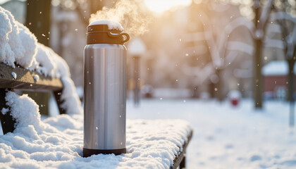 Steam rising from coffee thermos on snowy bench, winter warmth