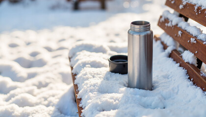 Stainless steel coffee thermos on fresh snow, tranquil winter morning