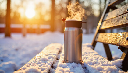 Warm thermos releasing steam on snowy bench at sunset, winter serenity