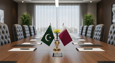 The flags of Pakistan and Qatar on a desk, symbolizing a diplomatic meeting