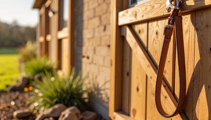 Leather dog leash hanging by rustic doorframe in warm sunlight, companionship