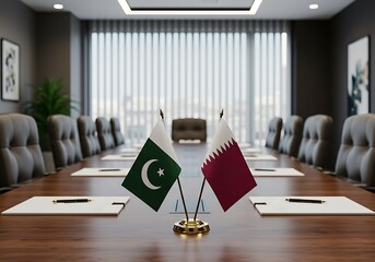 The flags of Pakistan and Qatar on a desk, symbolizing a diplomatic meeting