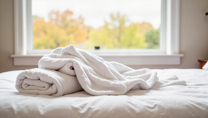 Cozy fleece robe resting on luxurious bed by window, time to unwind