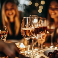 Closeup of wine glasses on a table with friends enjoying a celebratory dinner party with warm lighting and festive atmosphere