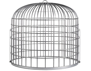 A detailed view of a metallic birdcage with a dome-shaped top and intricate wire design for decorative purposes.