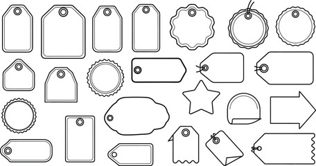 Collection of blank tags and labels in various shapes and designs on a white background