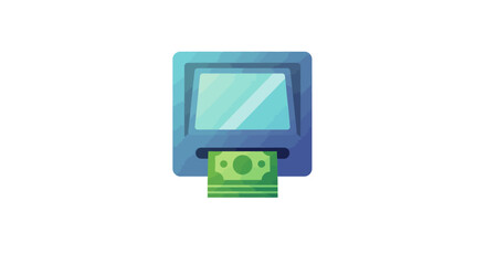 Naklejka premium A simple, stylized illustration of an automated teller machine (ATM) dispensing a stack of cash.