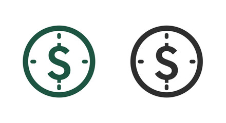 Obraz premium Two stylized circular icons featuring a dollar sign within a target reticle, one in green and the other in black.