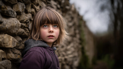 Resilience in Vulnerability: Young Girl Rests Against Cracked Stone Wall, Half-Body Portrait, Gentle Natural Lighting, Poignant Stare, Cinematic Depth of Field, DSLR 85mm f/2.0, ISO 320