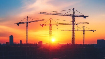 Construction cranes silhouetted at sunset.