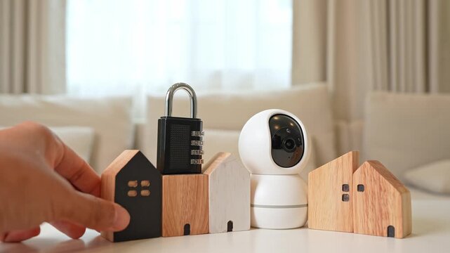 A CCTV camera is surrounded by wooden houses and a coded padlock, with a hand adding another house, symbolizing layered security, expanding protection, community safety, and smart home integration.
