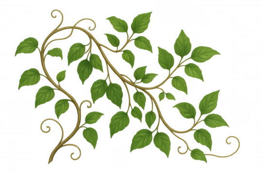 Green vine plant illustrating nature's growth with swirling tendrils and lush foliage on transparent background