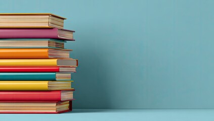 A neat stack of colorful hardback books against a light blue background, showing the spines and a glimpse of pages