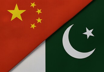 The flags of China and Pakistan are merged diagonally, symbolizing a strong alliance