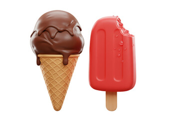 Isolated refreshing chocolate ice cream cone and red popsicle treats against neutral background