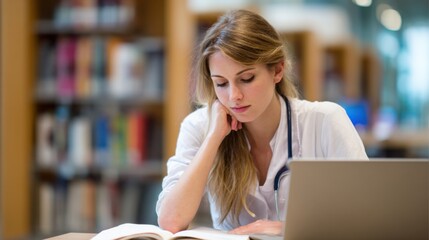 A focused medical student reads a textbook while seated at a desk in a library. A laptop is open nearby as she prepares for her studies in the afternoon light.