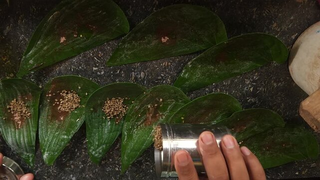 Preparation paan combining betel leaf with betel nut or areca nut. A traditional Indian delicacy, betel leaf with a variety of sweet and savory ingredients before folding it into a chewable bite.