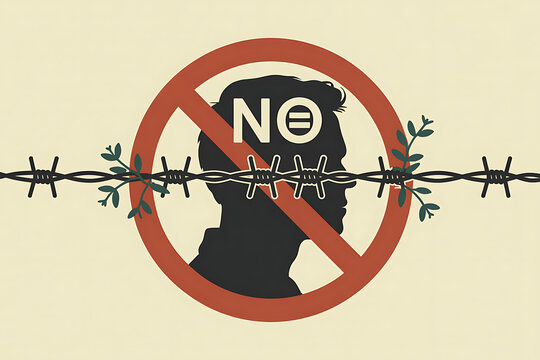 Speak out against injustice and inequality with this powerful anti-discrimination symbol featuring a barbed wire, head silhouette, and no symbol