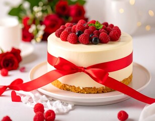 White cheesecake decorated with raspberries and blueberries