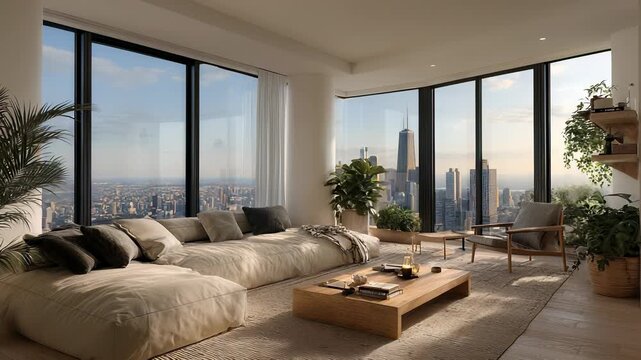 Modern Luxury Apartment Interior with Panoramic City View of Chicago Skyline and Contemporary Furniture, Natural Light, and Indoor Plants