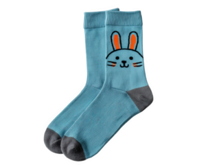Blue sock cute character bunny ears animal face playful cheerful gray toe gray heel children fashion accessory