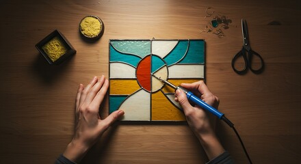  hands using a small soldering iron to create a precise connection on a stained-glass piece. The light shines through the colored glass, creating a beautiful effect.