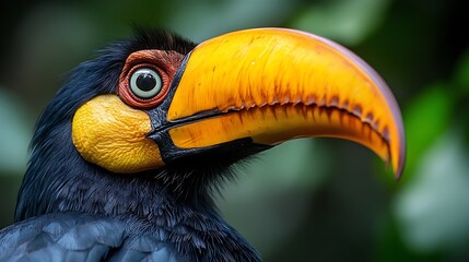 Fototapeta premium Close up of a rufous hornbill with a large yellow beak and dark feathers against a green background